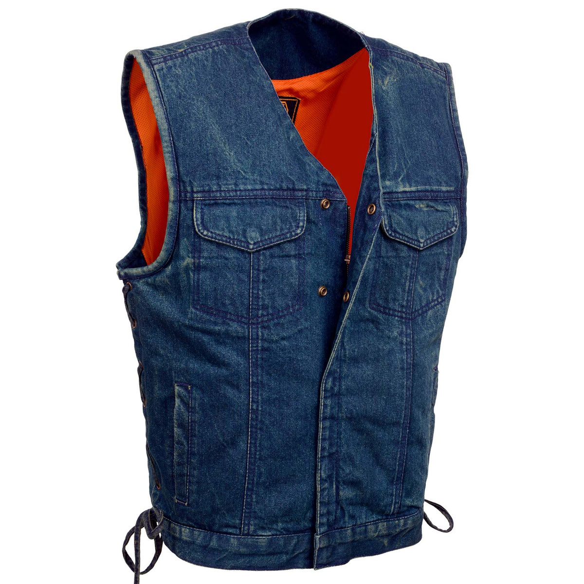 Milwaukee Leather Men's 'Brute' blue denim vest with concealed snap buttons, V-neck, side laces, and hidden zipper, front view.