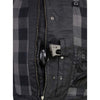 Milwaukee Leather men's black waxy coated denim vest with a classic club style, displayed on a hanger.