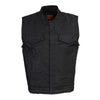 Milwaukee Leather men's black waxy coated denim club style vest displayed on a hanger, showcasing its sleek, fitted design and textured fabric.