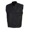 Milwaukee Leather men's black waxy coated denim club style vest, front view showing classic design and tailored fit.