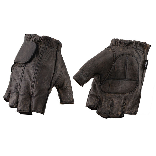 Milwaukee Leather men's brown leather fingerless motorcycle gloves with gel padding and naked leather detailing.