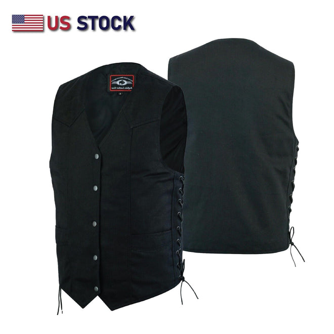 Black denim men's vest with side lacing and biker patches, crafted by Buffalo Leather Gear, featuring Western cut style and classic design.