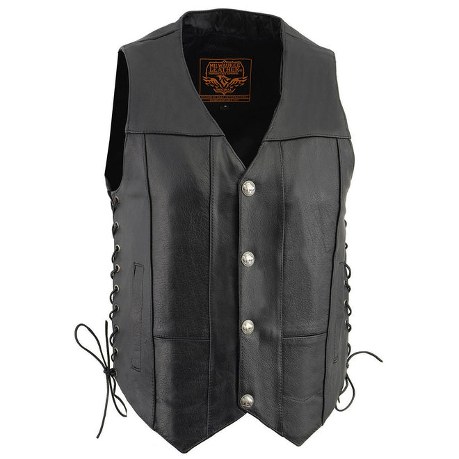 Milwaukee Leather men's black leather V-neck motorcycle rider vest with side laces and buffalo snap closures.