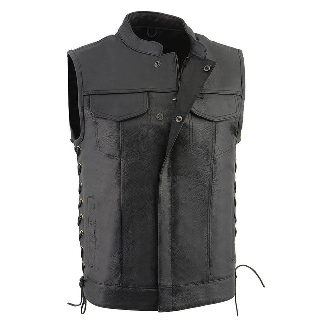 Milwaukee Leather men's black leather motorcycle rider vest with side lace, front snap, and zipper closure.