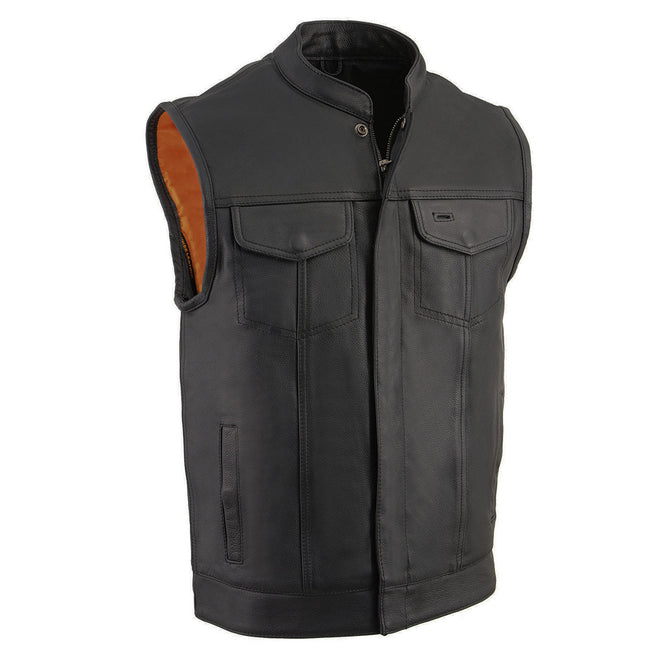 Milwaukee Leather men's black naked leather club style vest with dual closure and open neck, designed for motorcycle riders.