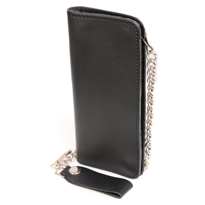 Milwaukee Leather men's 8-inch leather bi-fold biker wallet with anti-theft stainless steel chain on a white background.