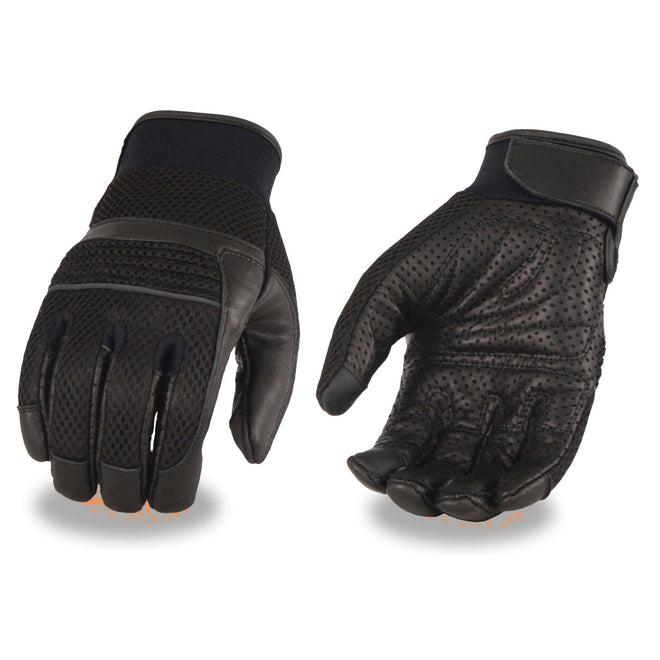Milwaukee Leather MG7503 men's black leather racing motorcycle gloves with mesh panels, i-Touch screen compatibility, and reflector details.