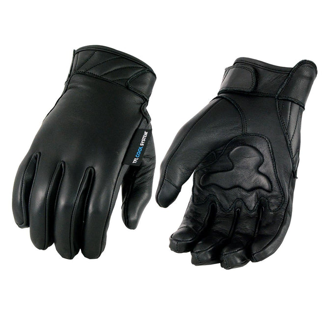 Milwaukee Leather MG7502 Cool-Tec men's black leather motorcycle gloves with gel palm and i-Touch screen compatibility.
