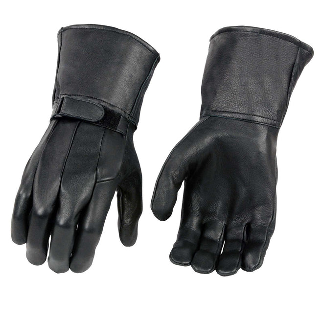 Milwaukee Leather MG7505 men's black leather motorcycle gloves with wrist strap closure and light lining, designed for riding comfort.