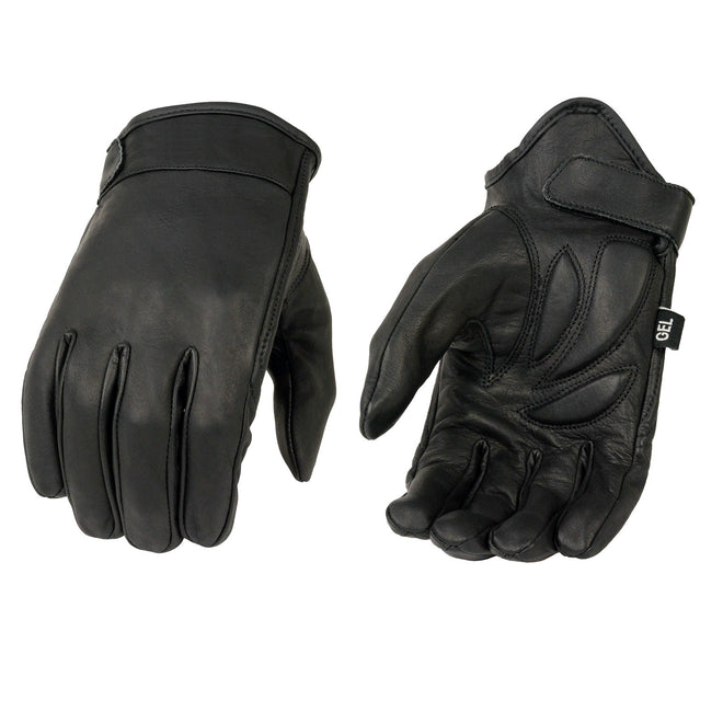 Milwaukee Leather MG7510 men's black leather motorcycle gloves with gel padding, short wrist design, and full panel cover.