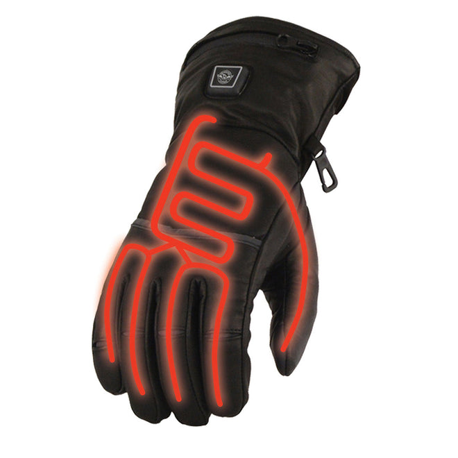 Milwaukee Leather MG7513 men's black heated waterproof winter gloves with i-Touch touchscreen capability, featuring heat panels.