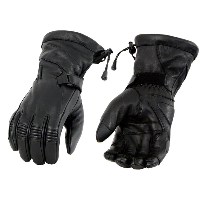 Milwaukee Leather MG7518 men's black deerskin motorcycle gloves with gauntlet design and i-Touch screen compatibility.