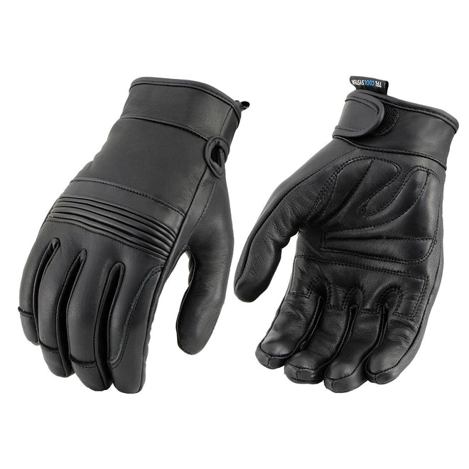 Milwaukee Leather men's black Cool-Tec leather motorcycle gloves with gel palms and flexible knuckle protection.