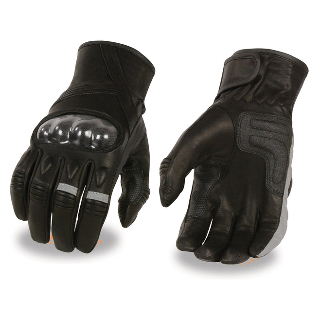 Milwaukee Leather MG7540 men's black leather motorcycle gloves with protective knuckles and reflective elasticized fingers.