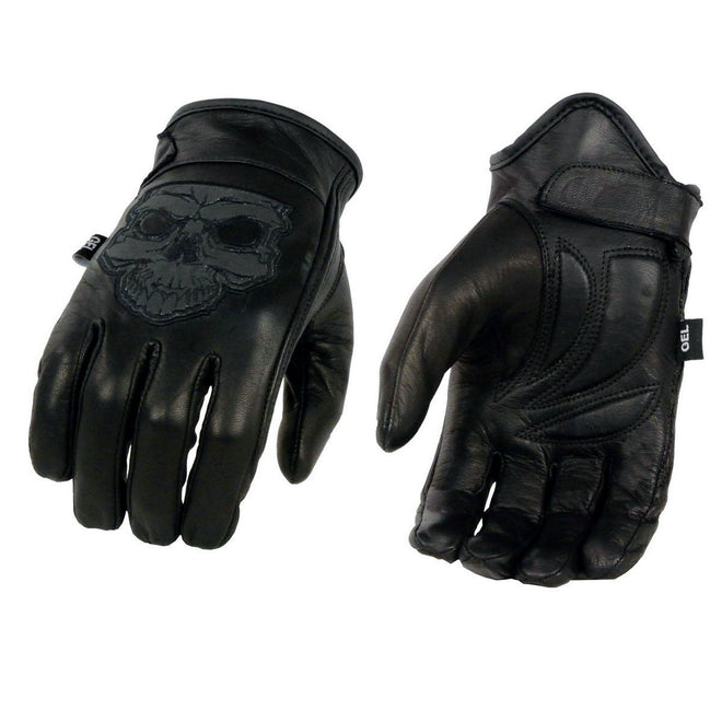 Milwaukee Leather MG7571 men's black Col-Tec reflective skull motorcycle gloves with gel-padded palms, designed for riding comfort.