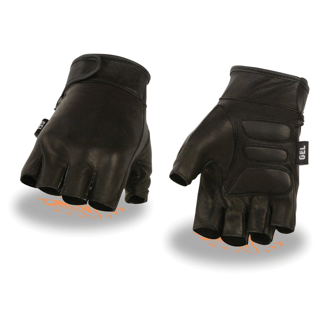 Milwaukee Leather MG7585 men's black leather motorcycle gloves with gel padding, fingerless design, and full panel cover.