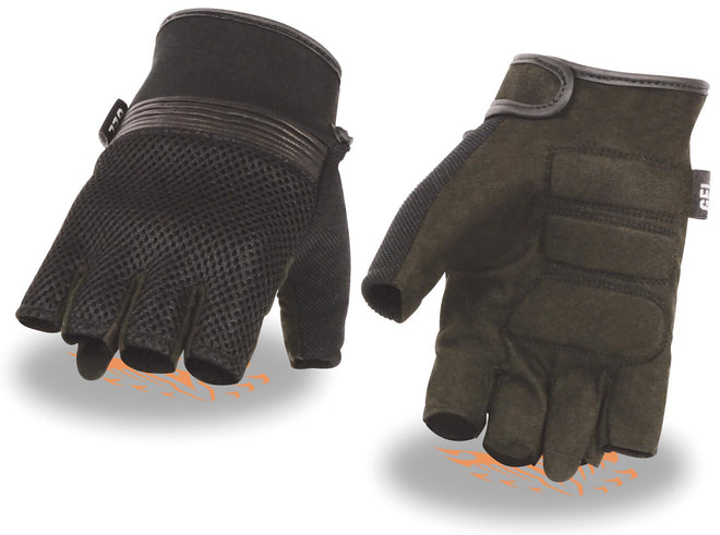 Milwaukee Leather men's black Amara cloth motorcycle gloves with gel palm, fingerless design, breathable mesh material, and protective features.
