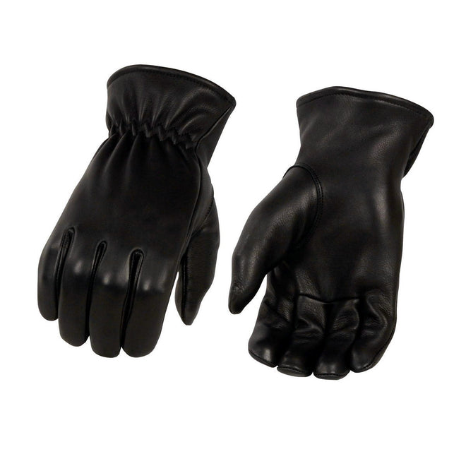 Milwaukee Leather MG7596 men's black Cool-Tec leather motorcycle rider gloves with unlined design and sinch wrist closure.