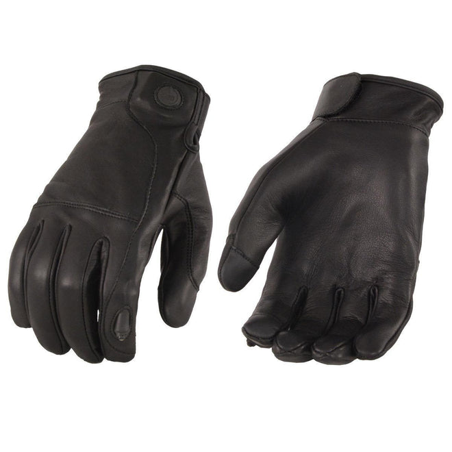 Milwaukee Leather MG7599 men's black leather motorcycle gloves with LED finger lights and i-Touch screen compatibility.