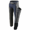 Black Milwaukee Leather women's chaps with deep hip pockets and back thigh laces, made from premium skin leather for motorcycle riding.