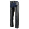 Black Milwaukee Leather women's chaps with deep hip pockets, back thigh laces, and premium skin material for motorcycle riding.