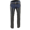 Black Milwaukee Leather women's chaps with deep hip pockets, back thigh laces, premium skin material, ideal for motorcycle riding.