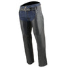 Black Milwaukee Leather women's motorcycle chaps with deep hip pockets, back thigh laces, and premium skin for riding comfort.