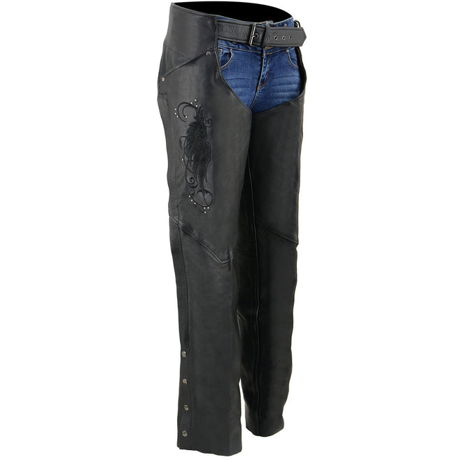 Milwaukee Leather black leather chaps for women with wing embroidery, featuring classic black color and motorcycle style.