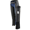 Black and purple leather motorcycle chaps with wing embroidery for women by Milwaukee Leather, featuring classic design and naked skin style.