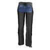 Black leather motorcycle chaps for women by Milwaukee Leather with purple wing embroidery and classic black design.