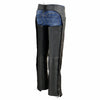 Black and purple leather motorcycle chaps for women by Milwaukee Leather, featuring wing embroidery and a sleek, classic design.