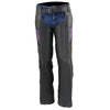 Black leather motorcycle chaps with purple wing embroidery by Milwaukee Leather, featuring classic design and detailed stitching.