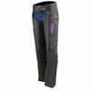 Black leather motorcycle chaps with purple wing embroidery for women by Milwaukee Leather, featuring classic design and detailed stitching.