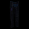Black leather motorcycle chaps with purple wing embroidery by Milwaukee Leather, featuring classic style and detailed stitching.