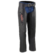 Milwaukee Leather Chaps for Women Black Naked Skin- Classic Black with Pink Color Wing Embroidery Motorcycle Chap- ML1179