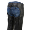 Milwaukee Leather women's black motorcycle chaps with low-rise waist, front double buckle, rivet details, and close-up view.