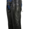 Milwaukee Leather women's black chaps with low-rise waist, double buckle front, rivet detailing, designed for motorcycle riding.