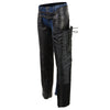 Black Milwaukee Leather women's motorcycle chaps with low-rise waist, front double buckle, rivet detailing, and protective style.