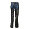 Milwaukee Leather women's black motorcycle chaps with low-rise waist, front double buckle, rivet detailing, back view.