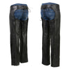 Milwaukee Leather women's black motorcycle chaps with low-rise waist, dual buckles, rivet details, viewed from the back.