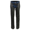 Black Milwaukee Leather women's motorcycle chaps with low-rise waist, front double buckle and rivet detailing, designed for riding comfort.