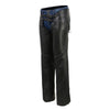 Black Milwaukee Leather women's motorcycle chaps with low-rise waist, front double buckle, rivet details, and sleek design.