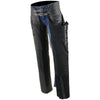 Black leather women's motorcycle chaps with low-rise waist, double buckle, reflective embroidery, by Milwaukee Leather.