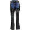 Black leather women's motorcycle chaps with low-rise waist, double buckle, and reflective embroidery by Milwaukee Leather.