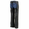 Black leather women's motorcycle chaps with low-rise waist, double buckles, reflective embroidery, by Milwaukee Leather.