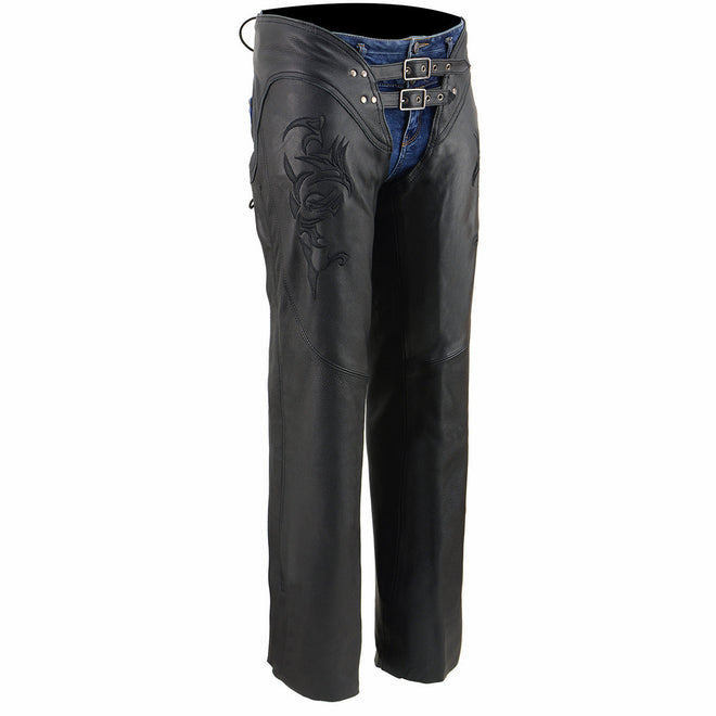 Black leather women's motorcycle chaps with low-rise waist, double buckle, reflective embroidery, by Milwaukee Leather.