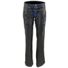 Black leather motorcycle chaps for women with low-rise waist, double buckle, reflective embroidery, by Milwaukee Leather.