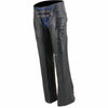 Black leather women's motorcycle chaps with low-rise waist, double buckle, reflective embroidery, by Milwaukee Leather.