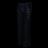 Black leather women’s motorcycle chaps with low-rise waist, double buckle, and reflective embroidery by Milwaukee Leather.