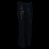 Black leather chaps for women with low-rise waist, double buckle, reflective embroidery, designed for motorcycle riding by Milwaukee Leather.